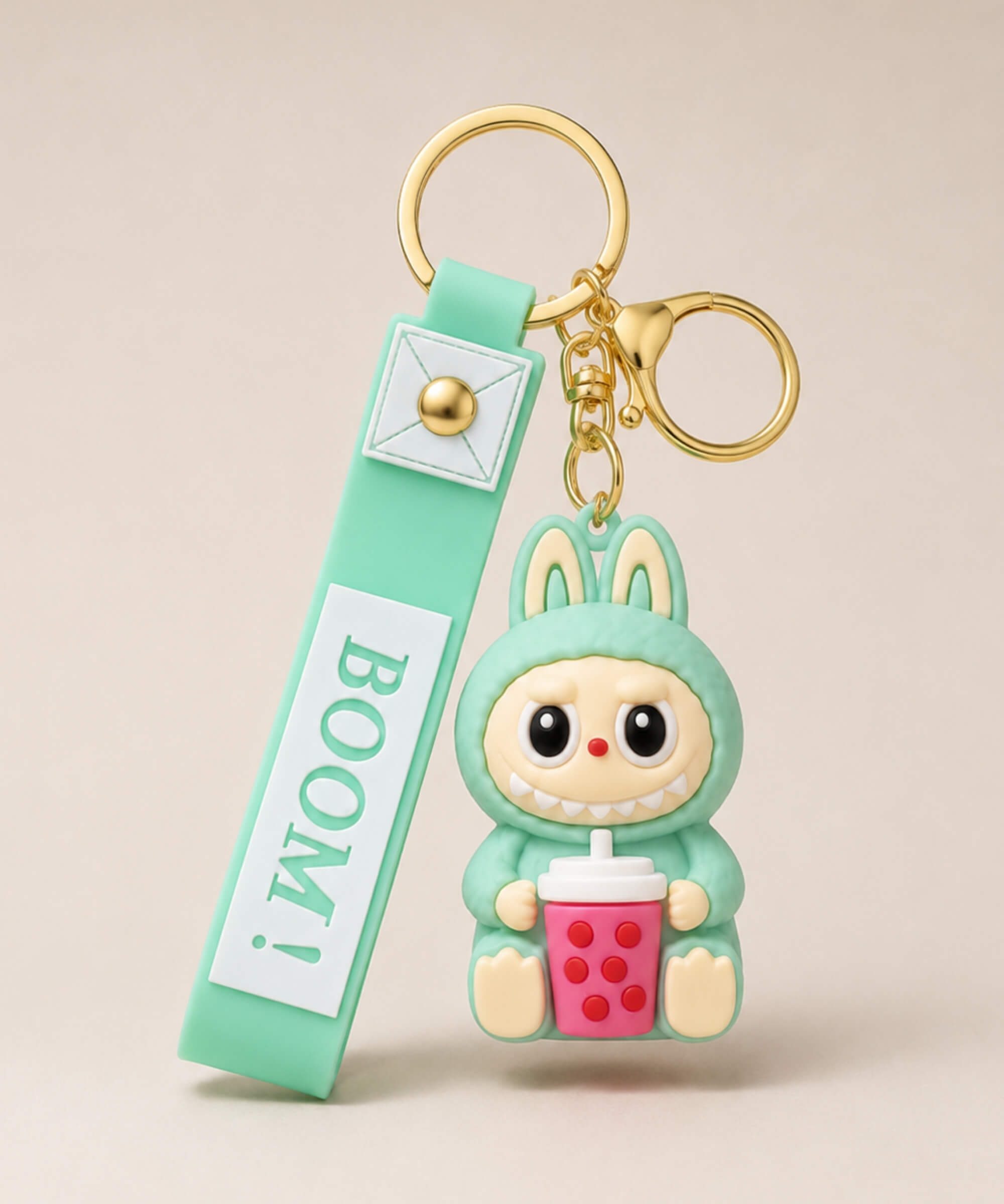 Mint Labubu style bubble tea keychain